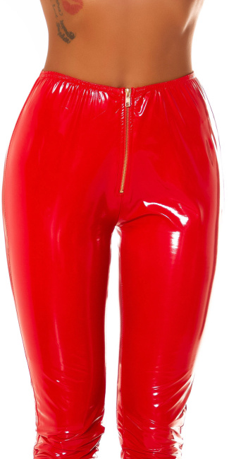 hoge taille latex look broek met ritssluiting rood